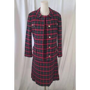 Vintage 60s Heatherton Red Green Plaid Wool Jacket Sweater Dress Set Small